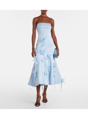 Strapless Light Blue Floral Appliqué Midi Dress